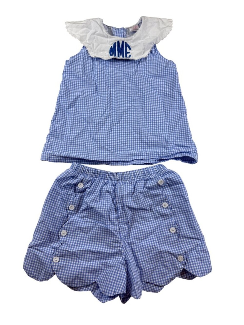 Stitchy Fish Blue Gingham Toddler Outfit With Monogrammed MME Collar (HH759)